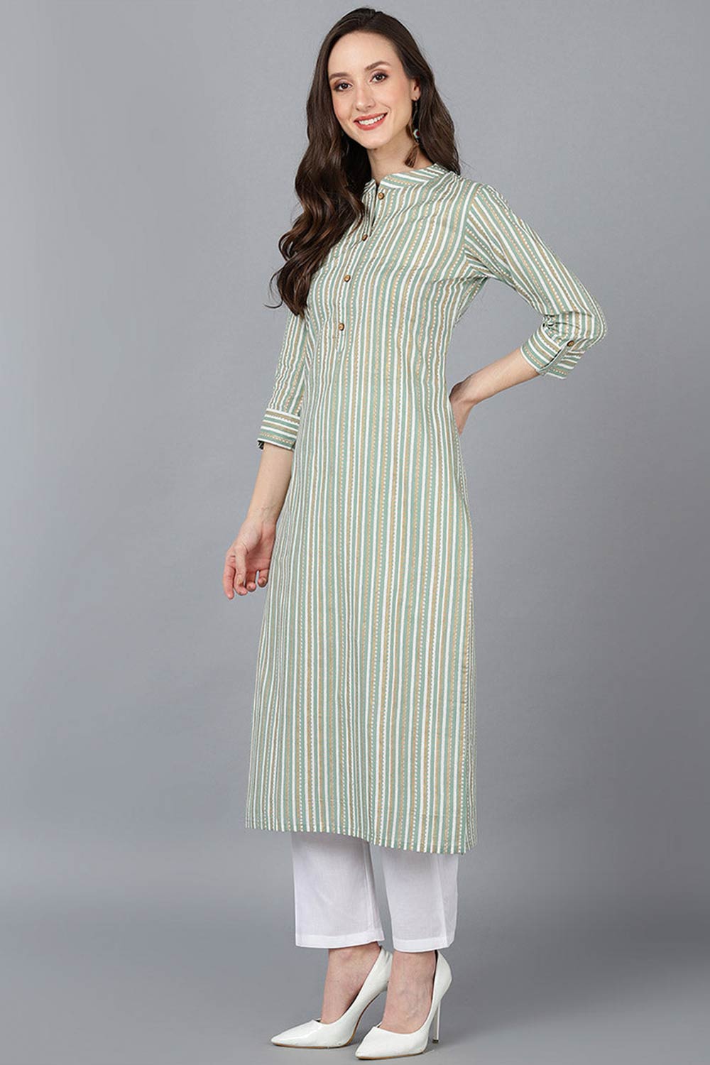 Green Cotton Mandarin Collar KurtI Set