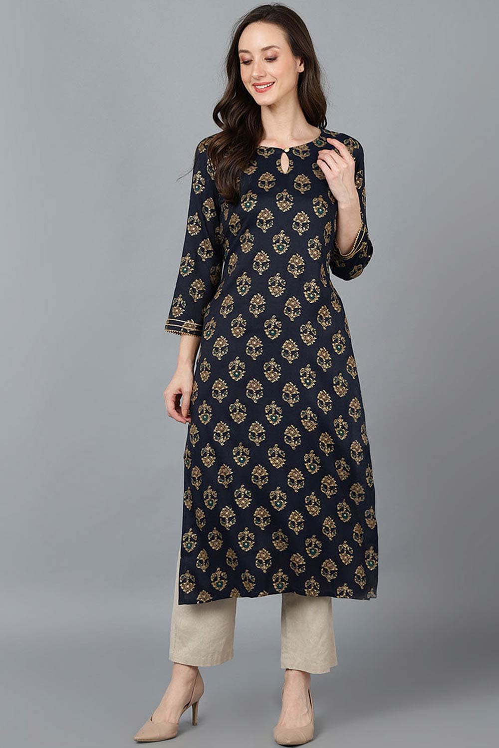 Black Cotton Keyhole Neck KurtI Set