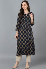 Black Cotton Keyhole Neck KurtI Set