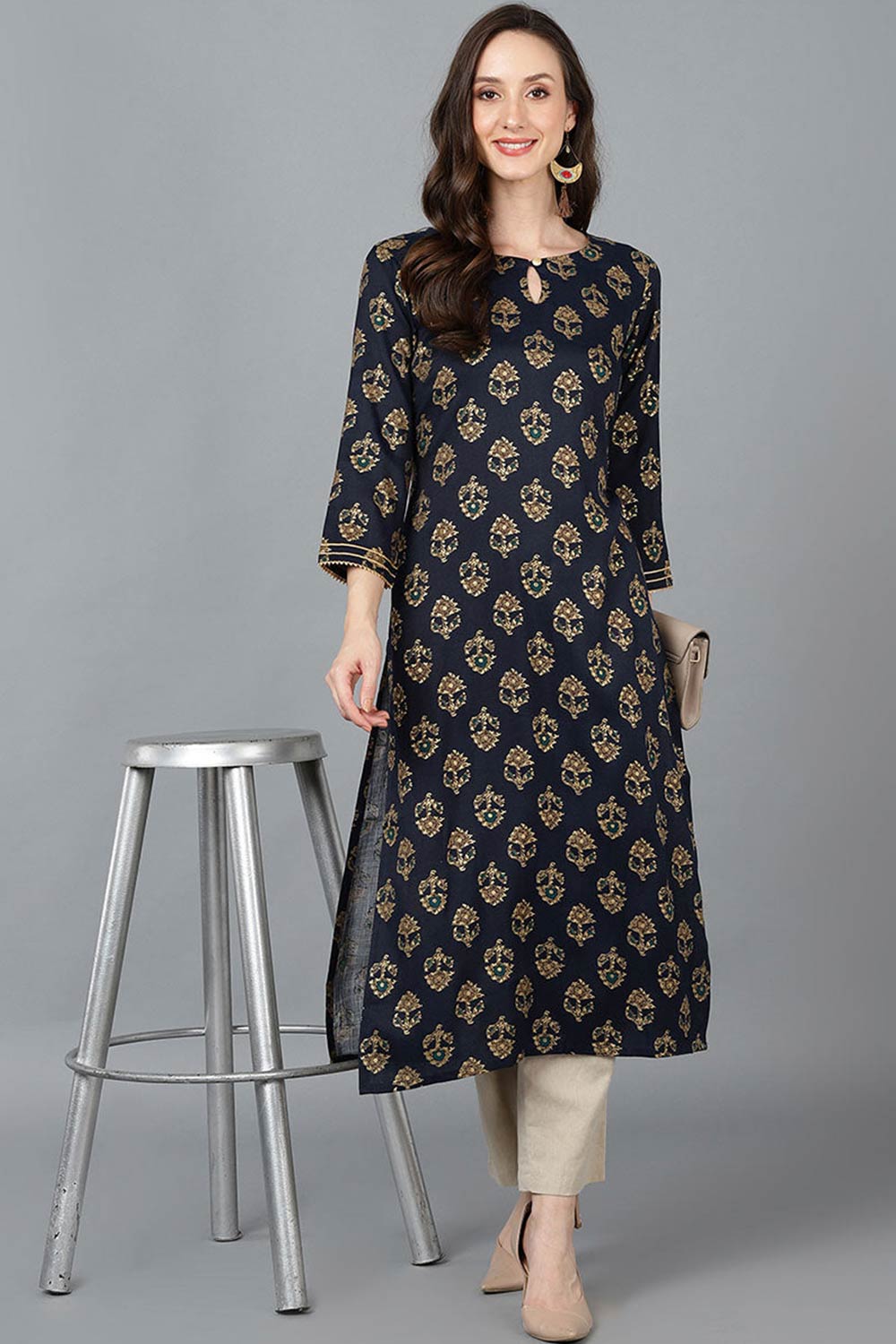 Black Cotton Keyhole Neck KurtI Set