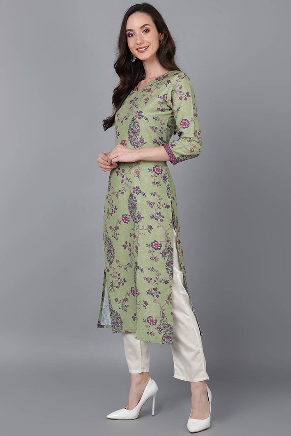 Green Polysilk Floral Straight Fit KurtI Set