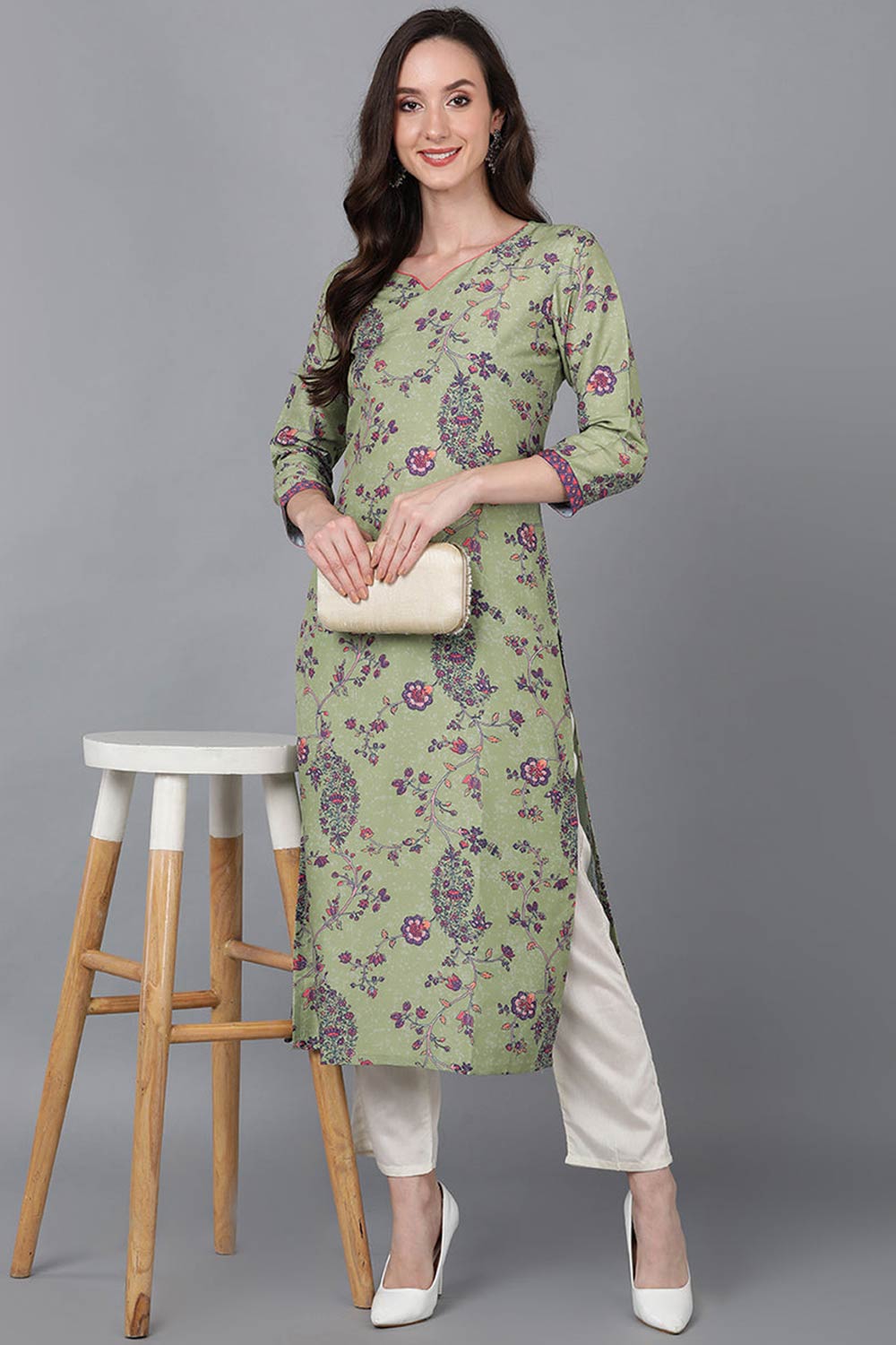 Green Polysilk Floral Straight Fit KurtI Set