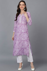 Purple Polysilk V Neck KurtI Set