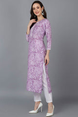 Purple Polysilk V Neck KurtI Set