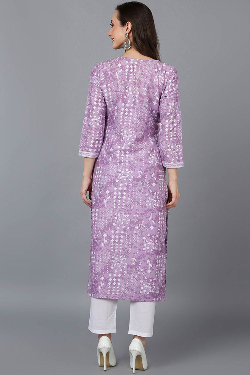 Purple Polysilk V Neck KurtI Set