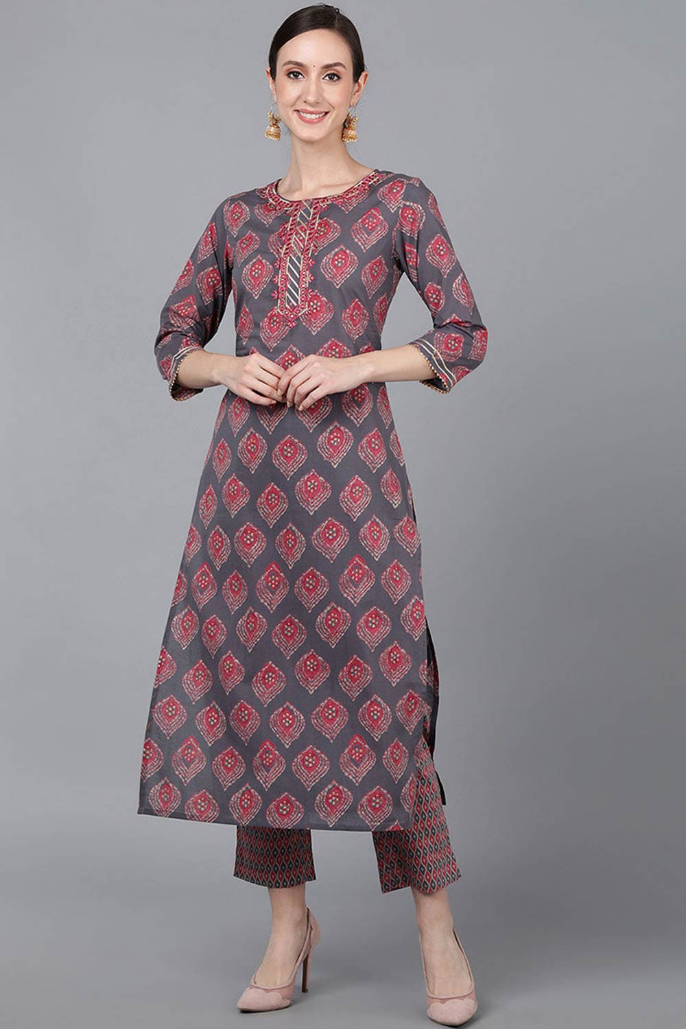 Purple Cotton Printed Straight Fit KurtI Set