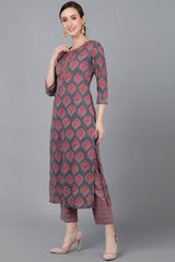 Purple Cotton Printed Straight Fit KurtI Set