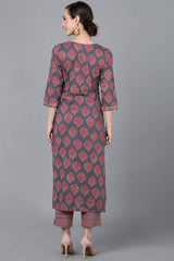 Purple Cotton Printed Straight Fit KurtI Set