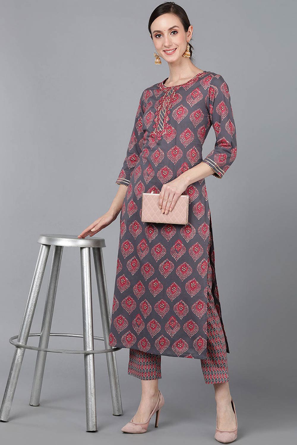 Purple Cotton Printed Straight Fit KurtI Set