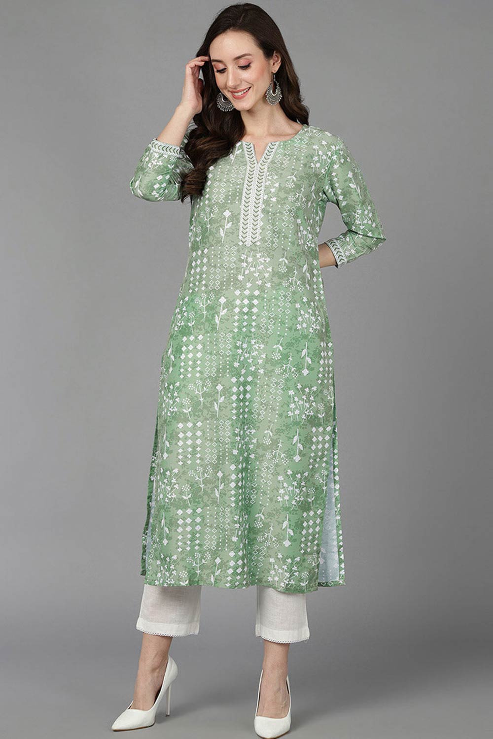 Green Silk Printed Straight Fit KurtI Set