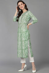 Green Silk Printed Straight Fit KurtI Set