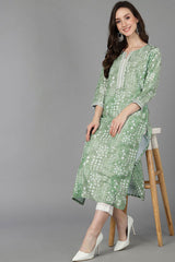 Green Silk Printed Straight Fit KurtI Set