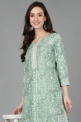 Green Silk Printed Straight Fit KurtI Set