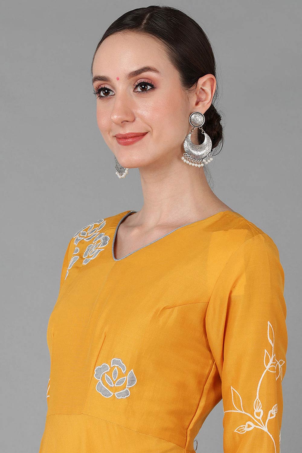 Yellow Silk Blend V Neck KurtI Set