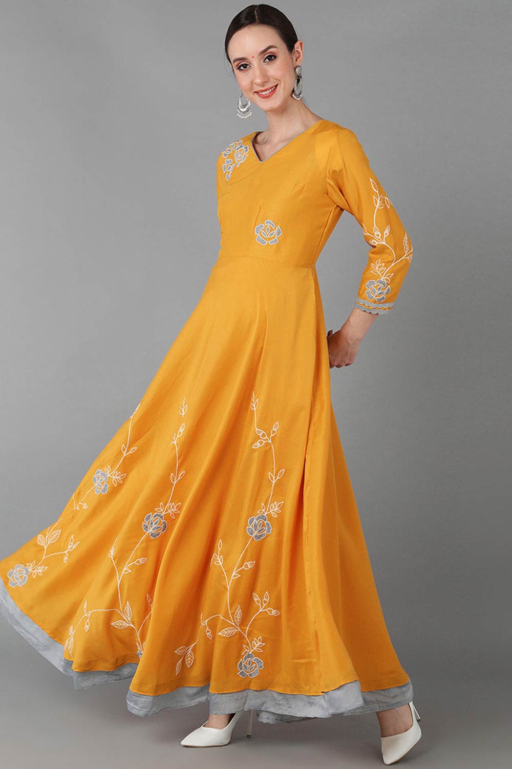 Yellow Silk Blend V Neck KurtI Set