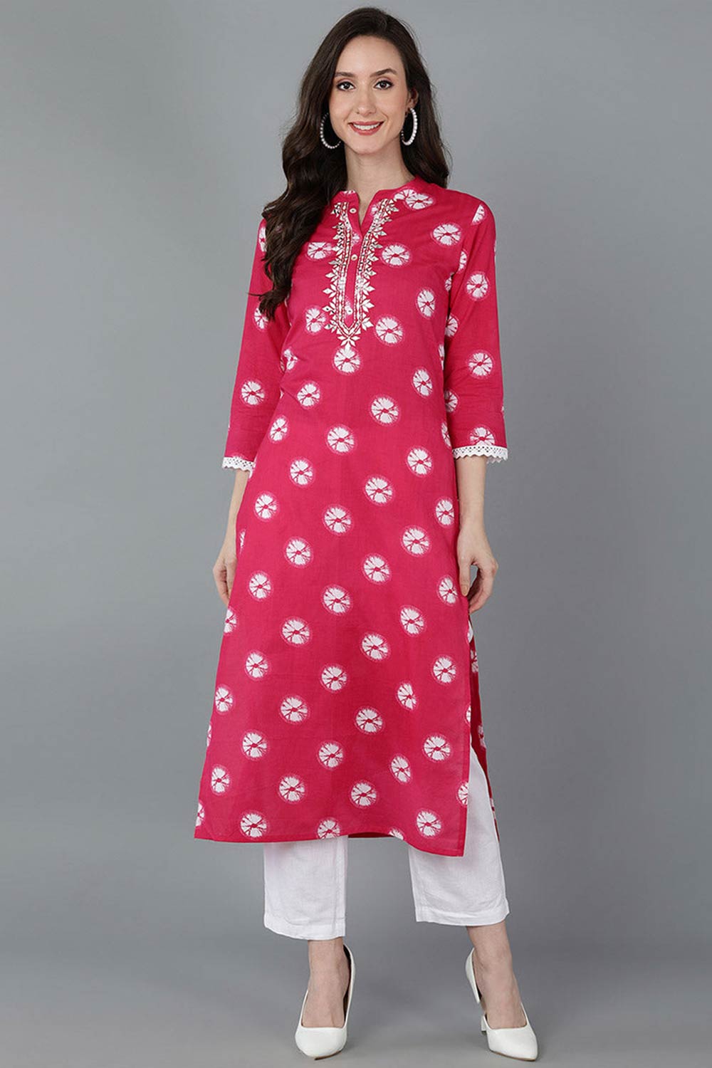 Pink Cotton Mandarin Collar KurtI Set