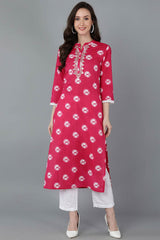 Pink Cotton Mandarin Collar KurtI Set