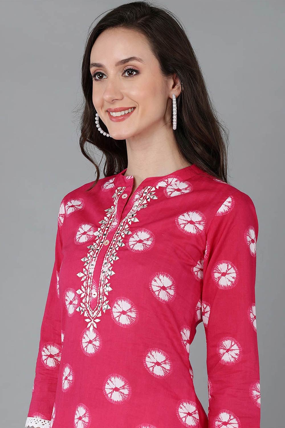 Pink Cotton Mandarin Collar KurtI Set