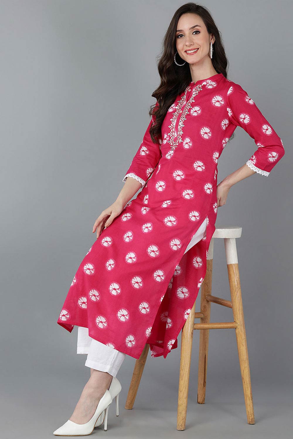 Pink Cotton Mandarin Collar KurtI Set