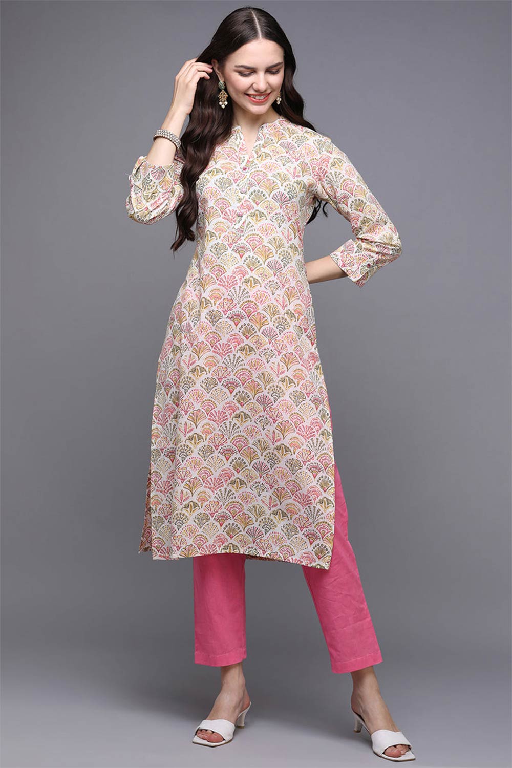 Beige Cotton Printed Straight Fit KurtI Set