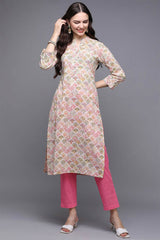 Beige Cotton Printed Straight Fit KurtI Set