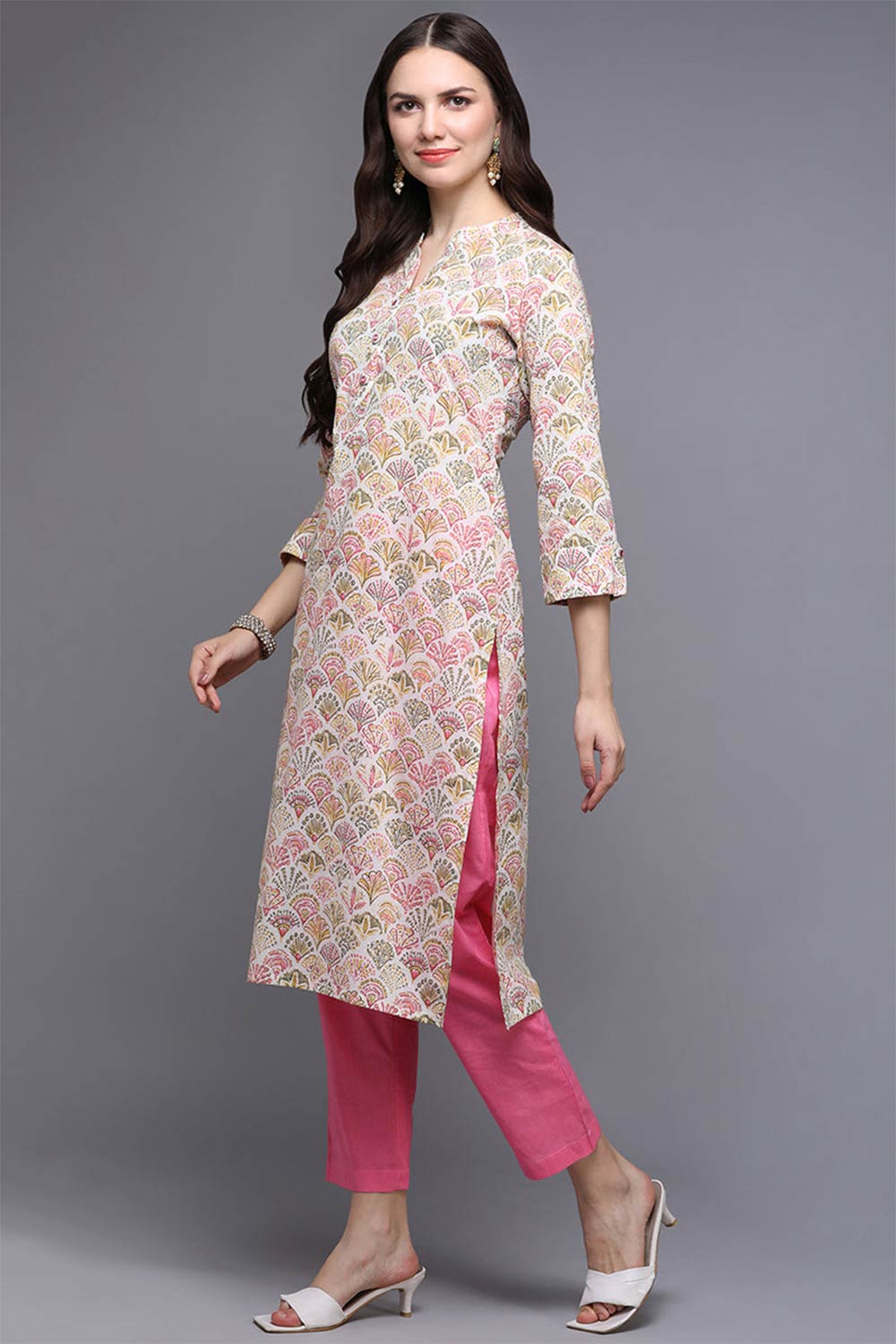 Beige Cotton Printed Straight Fit KurtI Set