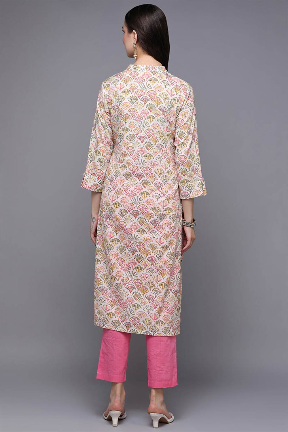 Beige Cotton Printed Straight Fit KurtI Set