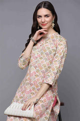 Beige Cotton Printed Straight Fit KurtI Set