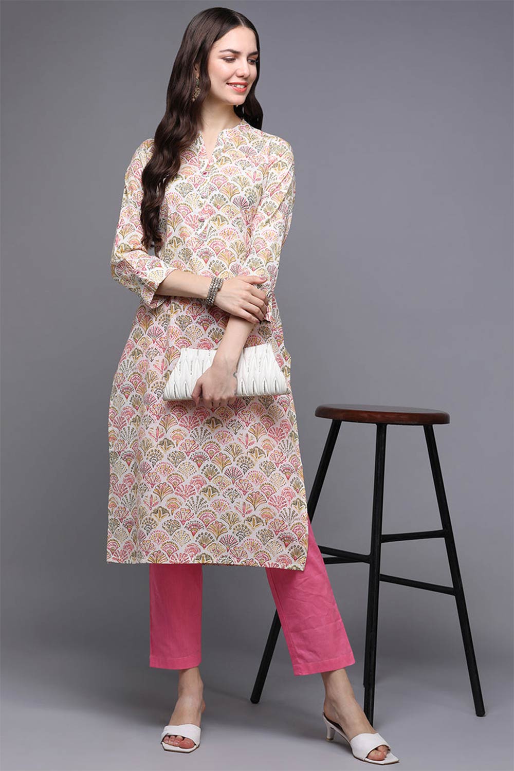 Beige Cotton Printed Straight Fit KurtI Set