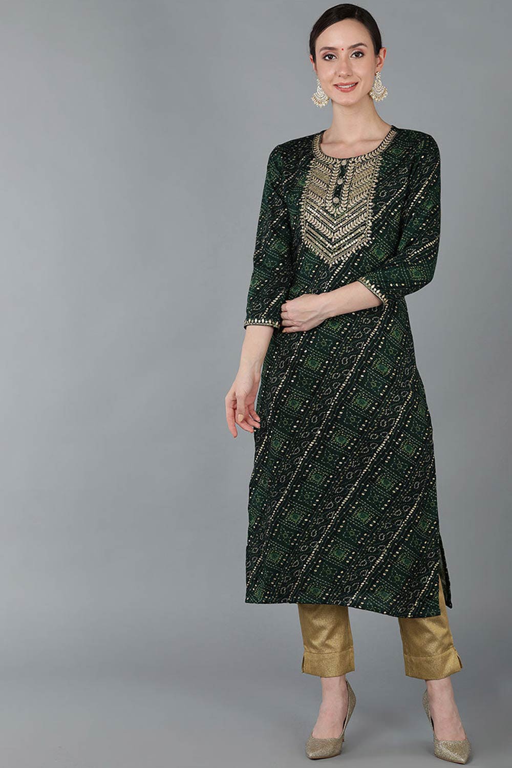 Green Rayon Round Neck KurtI Set