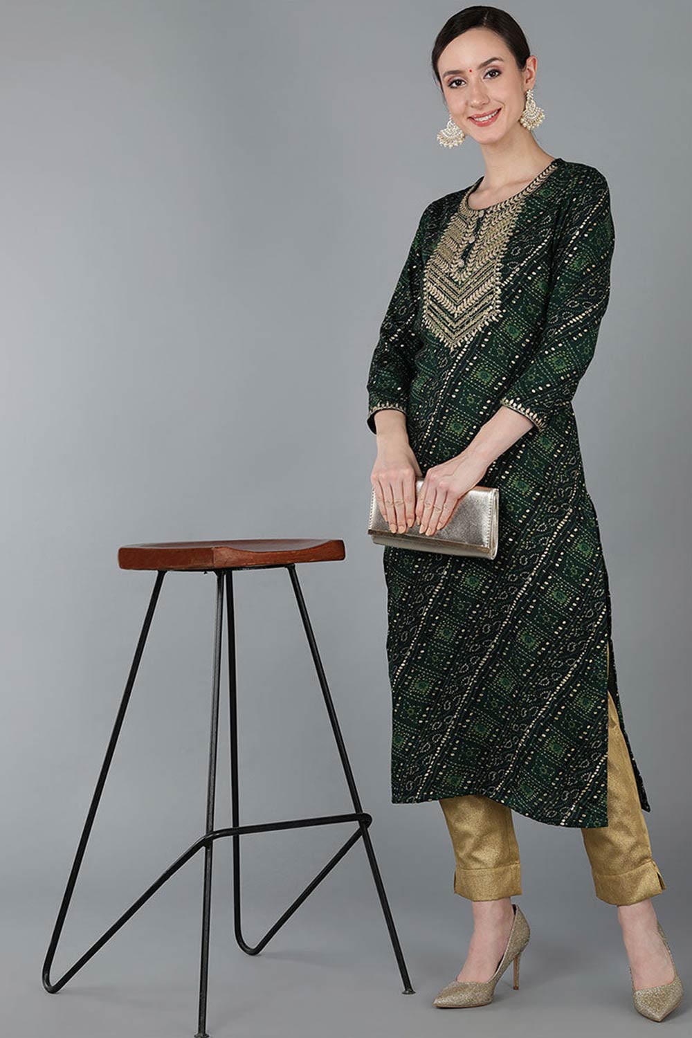 Green Rayon Round Neck KurtI Set