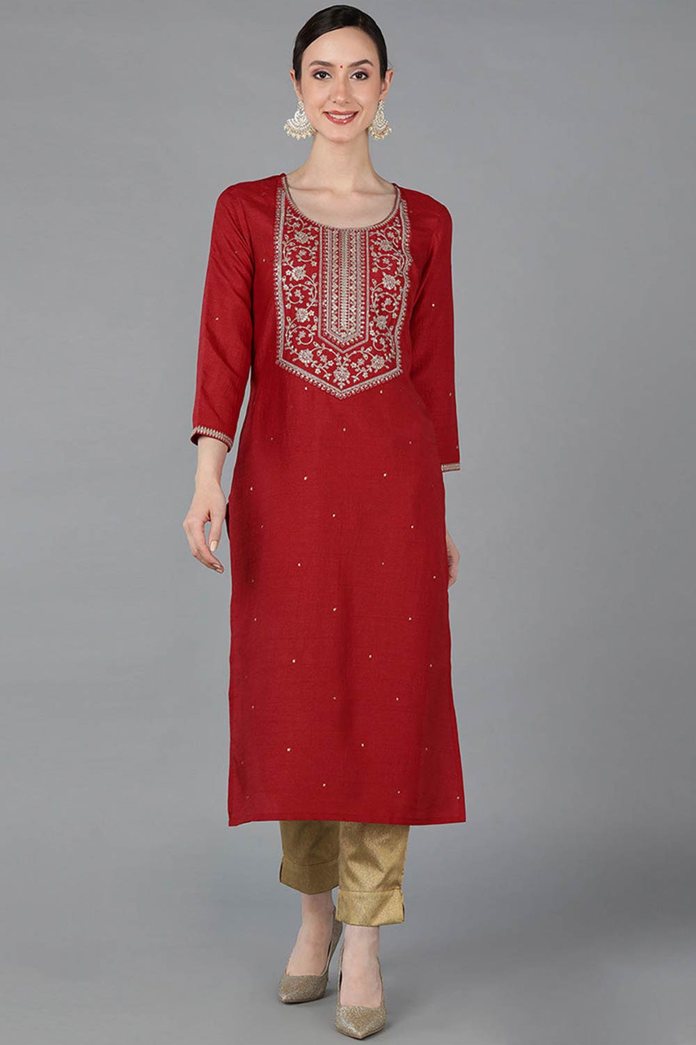 Red Chanderi Solid Straight Fit KurtI Set