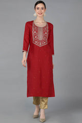 Red Chanderi Solid Straight Fit KurtI Set