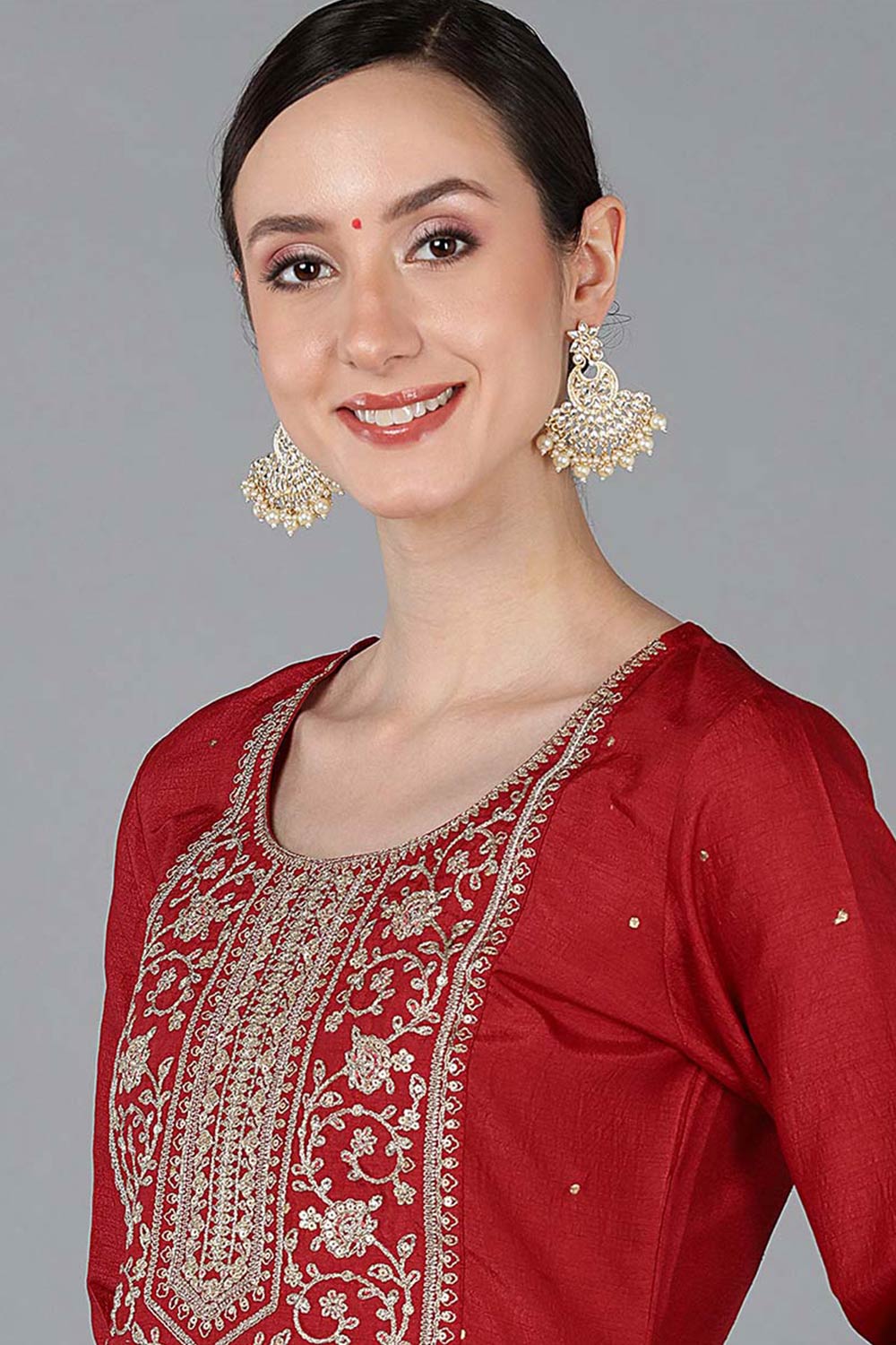 Red Chanderi Solid Straight Fit KurtI Set