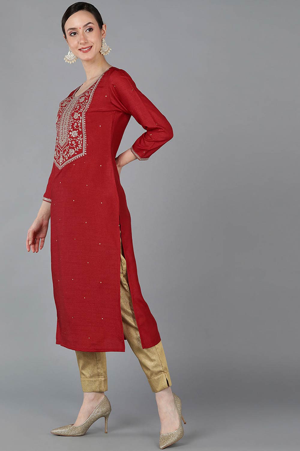 Red Chanderi Solid Straight Fit KurtI Set