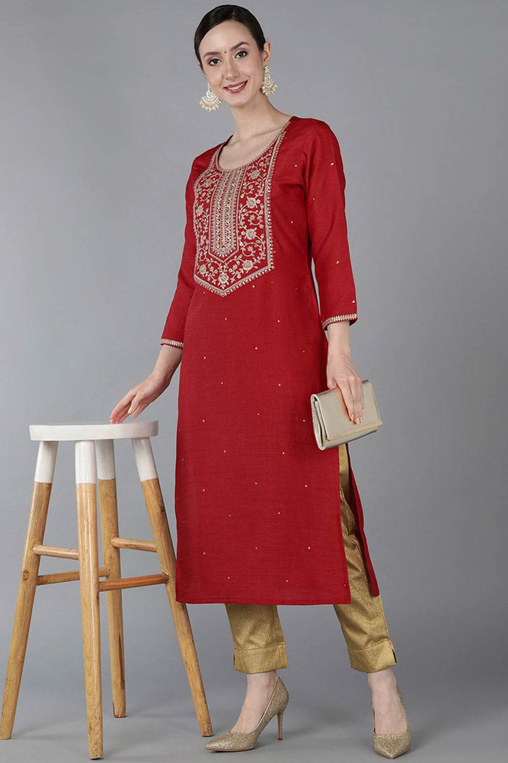 Red Chanderi Solid Straight Fit KurtI Set