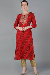 Red Rayon Round Neck KurtI Set