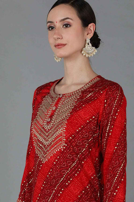 Red Rayon Round Neck KurtI Set