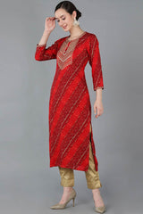 Red Rayon Round Neck KurtI Set