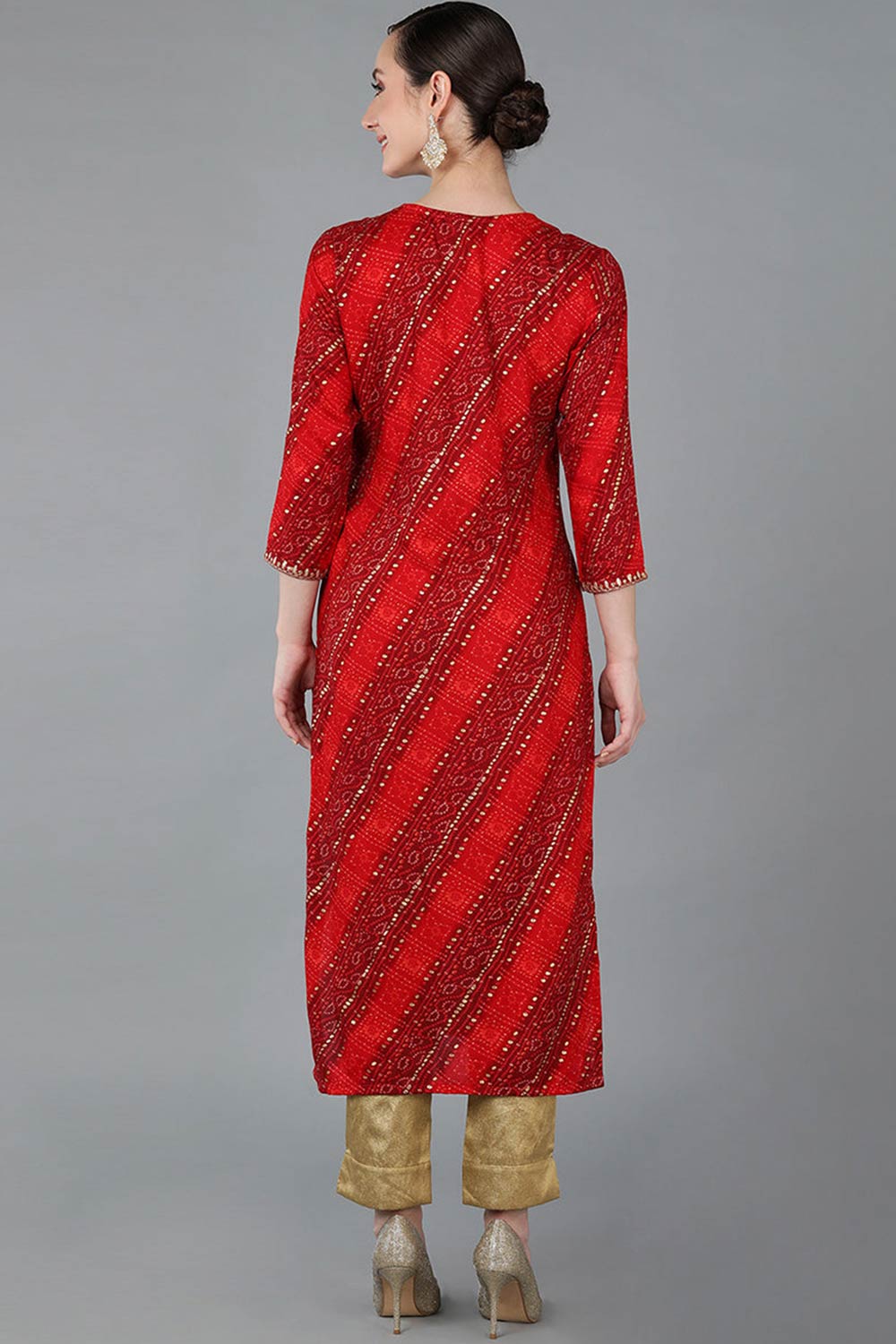 Red Rayon Round Neck KurtI Set