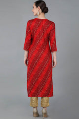 Red Rayon Round Neck KurtI Set