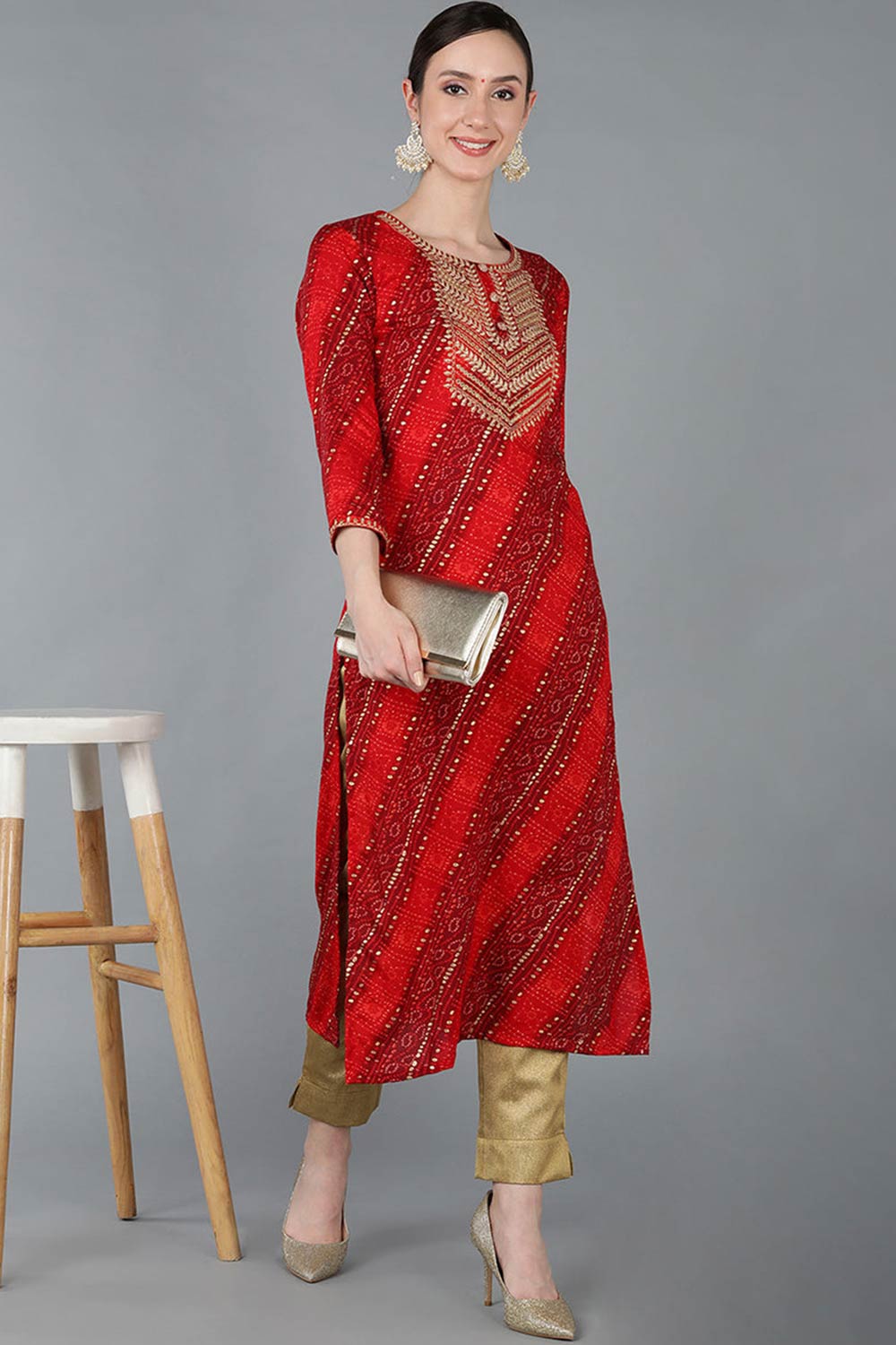 Red Rayon Round Neck KurtI Set