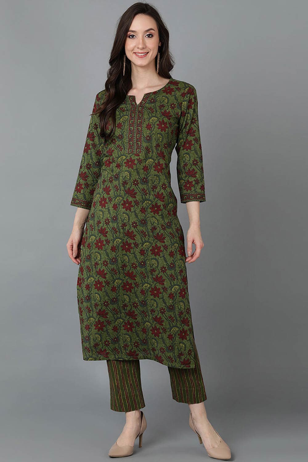 Green Cotton Round Neck KurtI Set