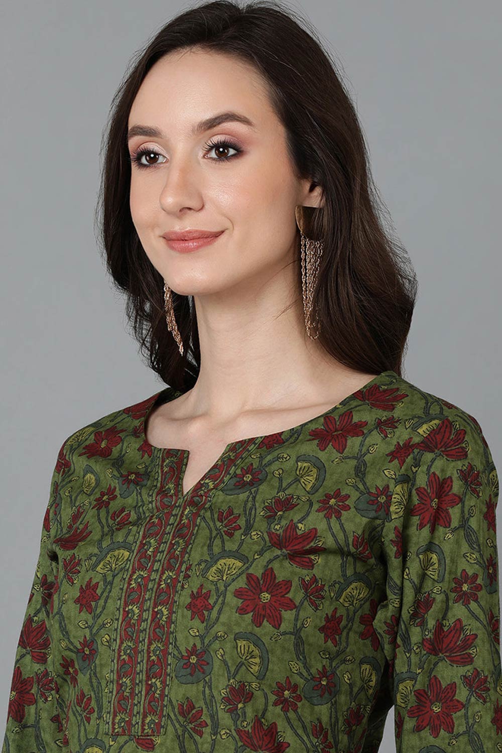 Green Cotton Round Neck KurtI Set