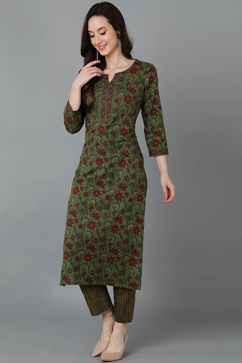 Green Cotton Round Neck KurtI Set