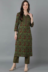 Green Cotton Round Neck KurtI Set