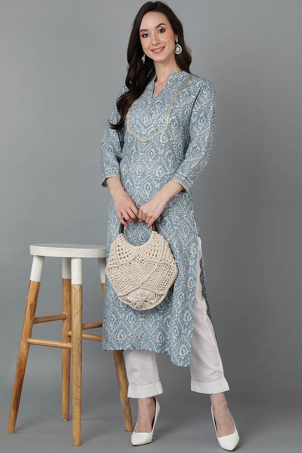 Grey Silk Blend Mandarin Collar KurtI Set