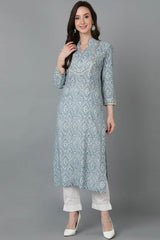 Grey Silk Blend Mandarin Collar KurtI Set