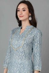 Grey Silk Blend Mandarin Collar KurtI Set