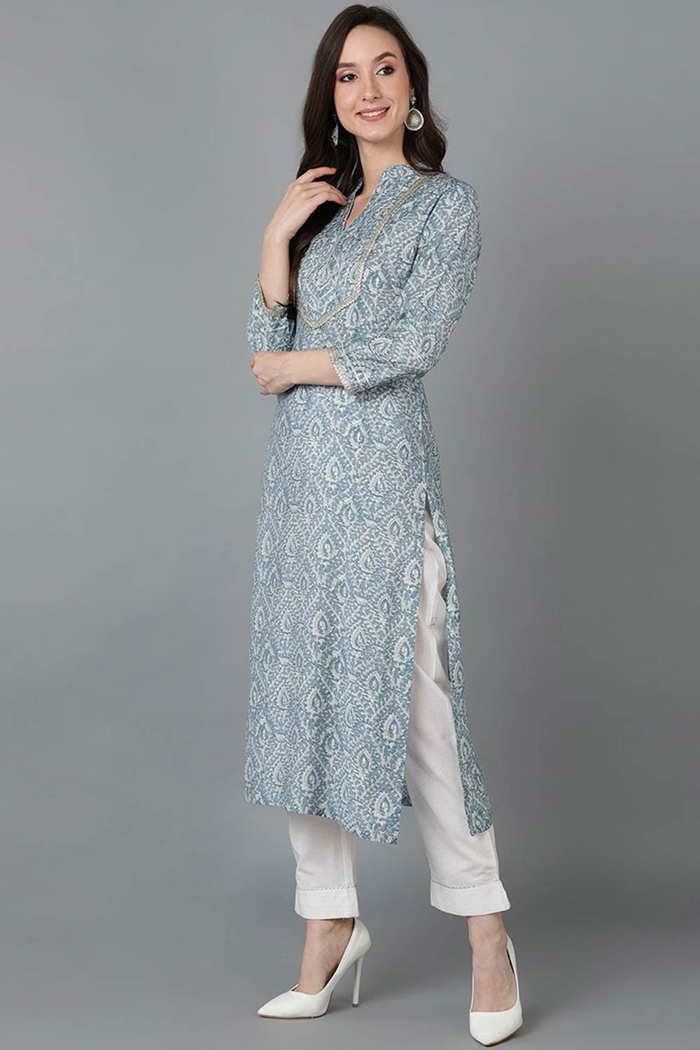 Grey Silk Blend Mandarin Collar KurtI Set